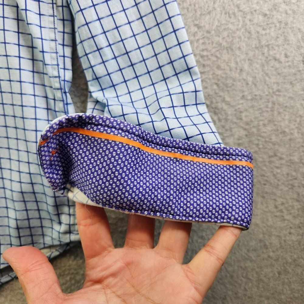 Butter Cloth Shirt Mens Large Blue Grid Check Flip Cuff Regular Fit Lightweight - Picture 6 of 16